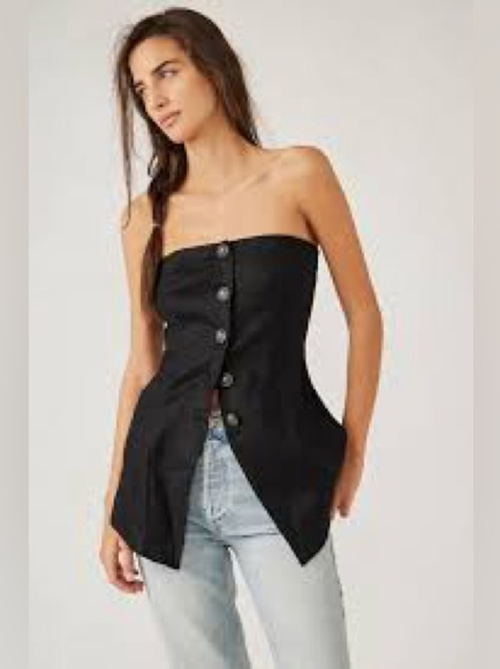 Free People Black Strapless Corset Top with Button Front